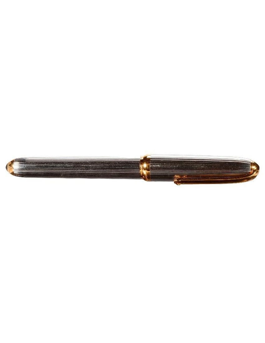 Cartier Stripe Fountain Pen.: A Louis Cartier, Paris, Stripe fountain pen, gold-plated trim, two-tone 18k - 750Cariter nib (used condition). #023468. FROM THE FAMILY OF CAPTAIN CARLETON COLE CHAMPION, JR. (1896-1971).