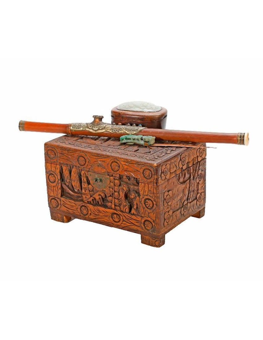 Asian Carved Wood Box, Bamboo Pipe, and others. (1 of 5)
