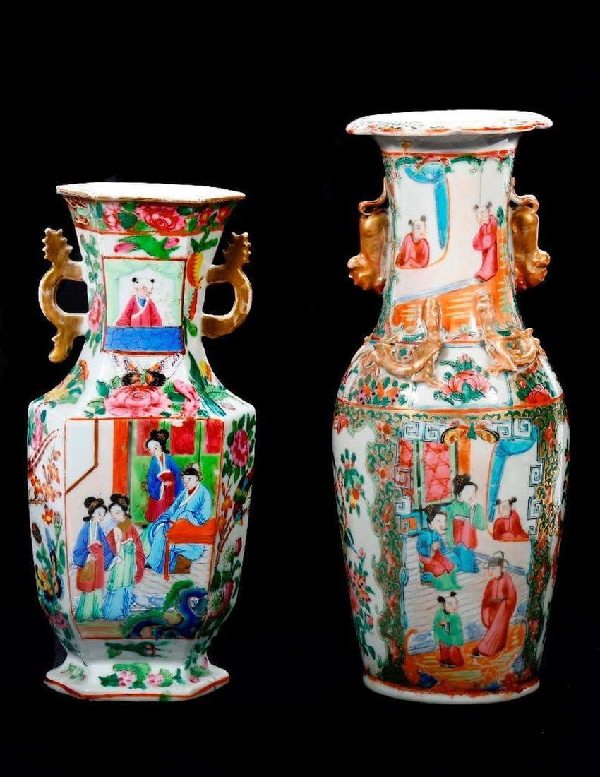 Two Chinese Famille Rose Vases.: A balluster-formscalloped edge porcelain vase with gilt fu dog-form handles and applied dragon decoration, with figures in garden and interior scenes, surrounded by gilt and scrolling borders, and pan