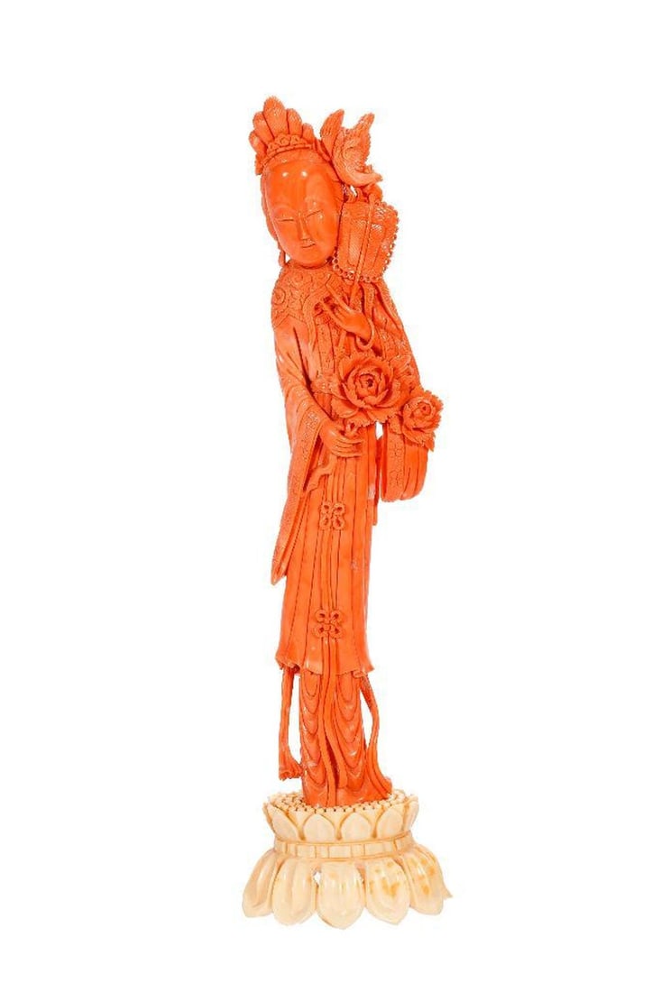 Chinese Carved Coral Guanyin with Phoenix. (1 of 3)