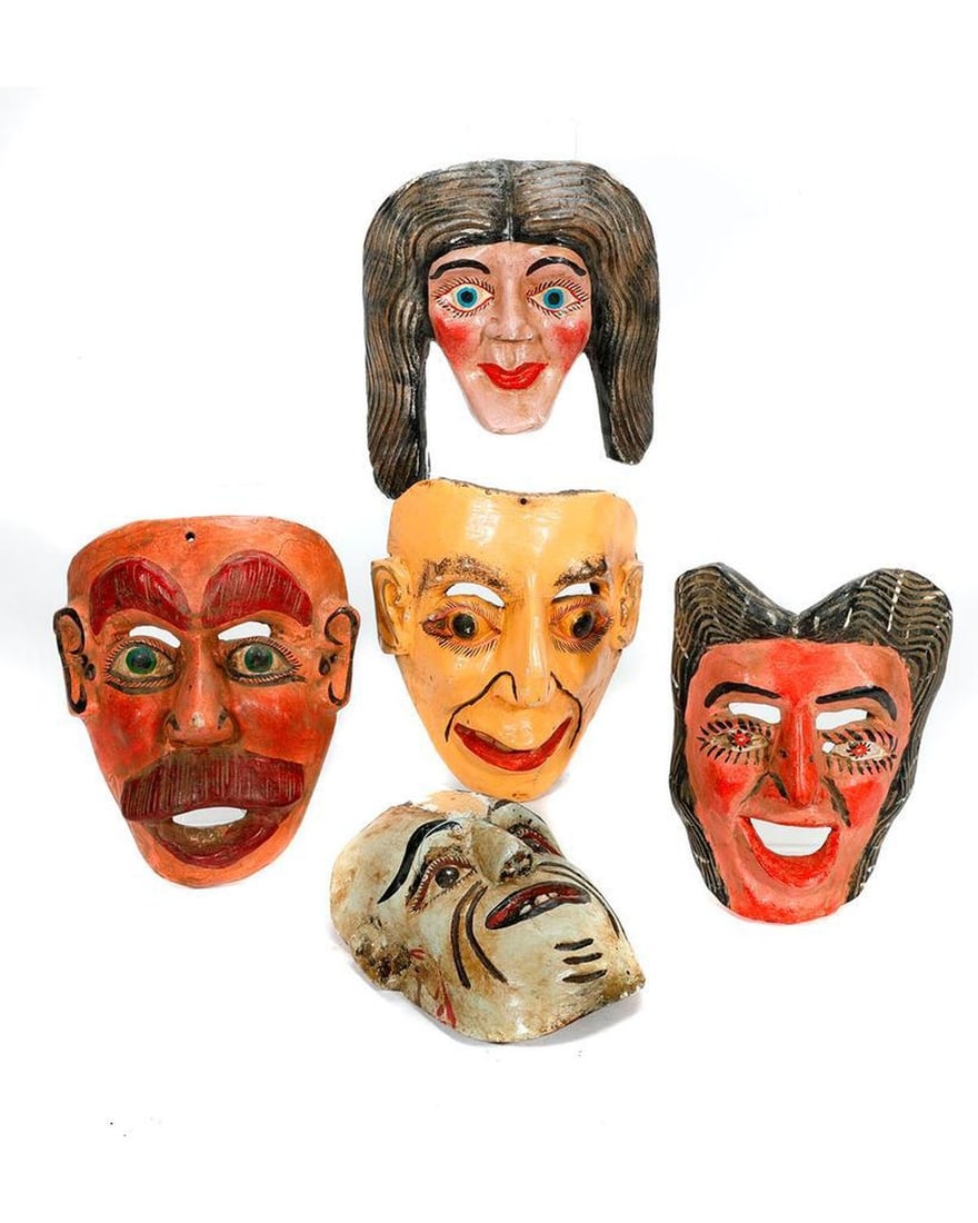 Five Painted Wood Masks.: The character masks ranging from 8in to 10in long.