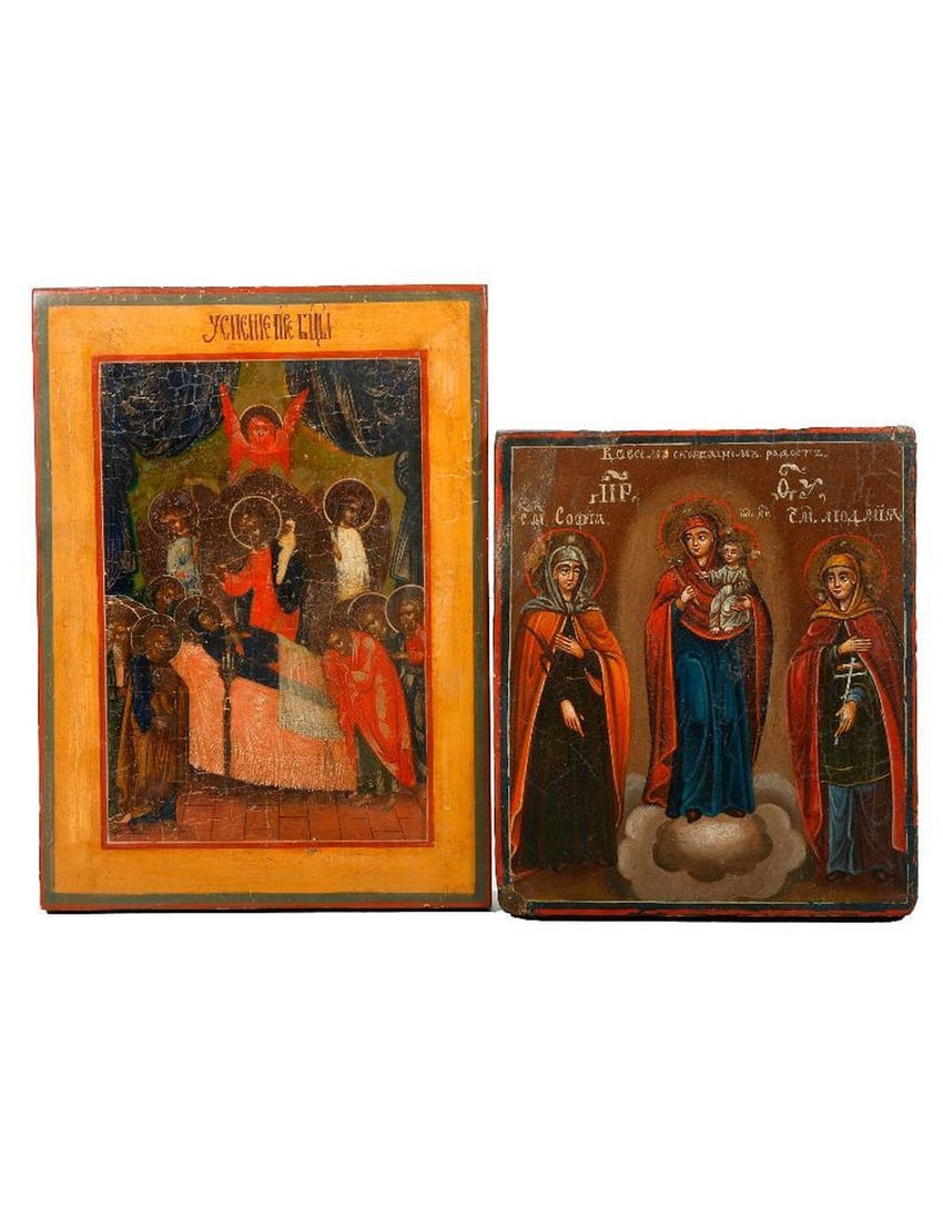 Two Icons, the Dormition and Virgin and Child.: 19th/20th Century. Two icons, tempera on wood panel: the Dormition of the Theotokos with Christ and the Soul of the Virgin (10" x 7 1/4"); and the Virgin and Child with two saints (7 5/8" x 6 1/2"). C