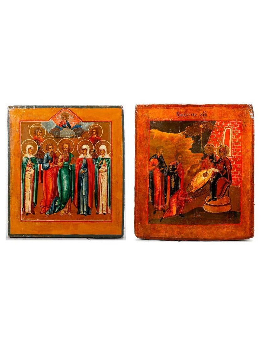 Two Icons, The Nativity and Saints.: Eastern Europe, 19th/20th Century. Two icons, tempera and gesso on wood panel: The Nativity; and five Saints, including Marina, Eugenia, George, and Demetrius 12 1/2" x 11"; and 12 1/8" x 10 5/8". Con