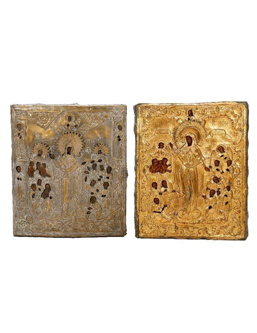 Two Icons of the Theotokos, Gilt-Metal Oklads. (1 of 3)