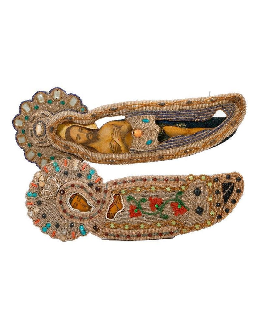 Two Icons with Beaded Shrouds, Christ and the Theotokos. (1 of 2)