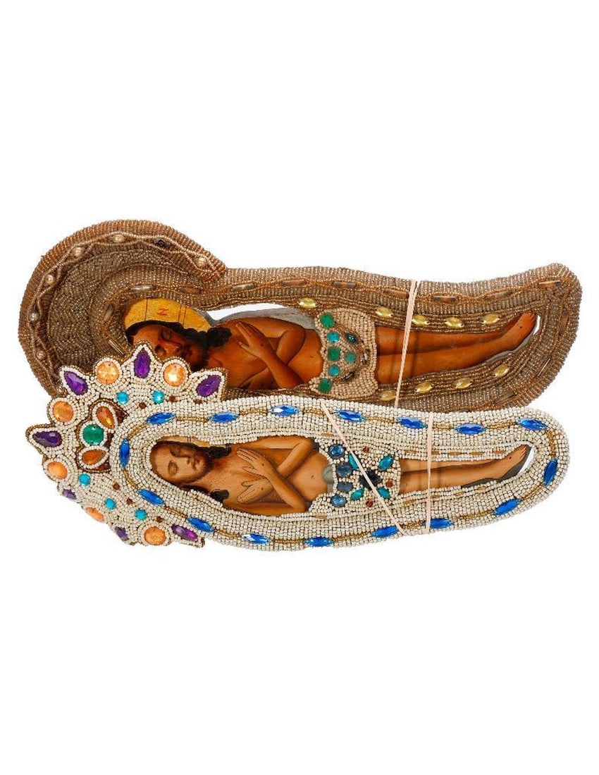 Two Icons of Christ with Beaded Shrouds.: Eastern Europe, 19th/20th Century. Two loose icons of the Body of the Christ, painted on wood, with beaded and faux jeweled shrouds. Total lengths with shrouds: 13 1/4" and 14". Condition good overall