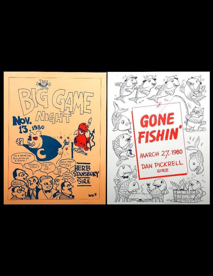 Bohemian Club Flyers (2), Big Game/Gone Fishin', 1980.: 1.) Artist: Hubert Buel (1915-1984). Bohemian Club flyer,Gone Fishin', Dan Pickrell, Sire, March 27, 1980; two-sided. 11" x 8 1/2". Condition: very good. 2.) Artist: William Kent, III. Bohemian Club e