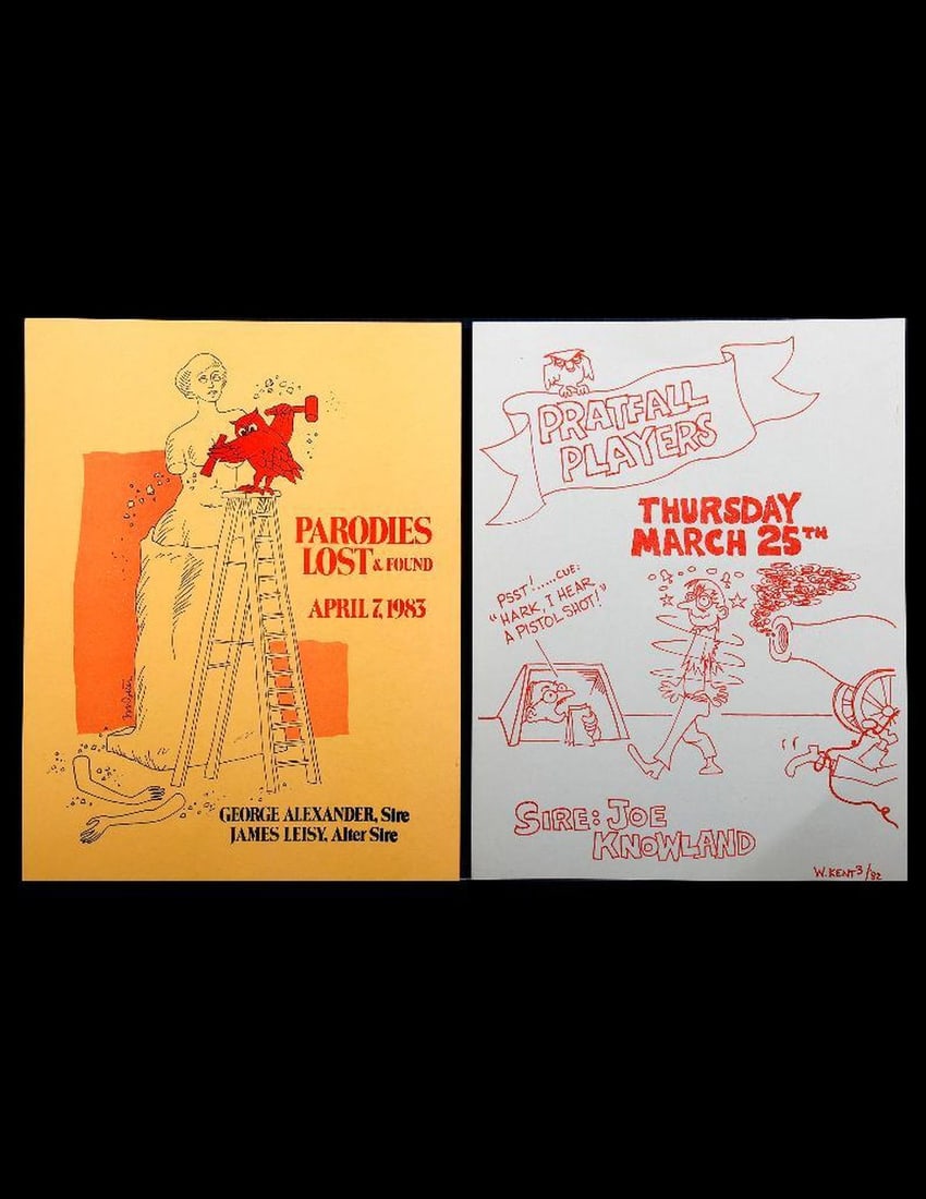 Bohemian Club Flyers (2), Pratfall/Parodies, 1982, 1983.: 1.) Artist: William Kent, III. Bohemian Club event flyer, Pratfall Players, Sire Joe Knowland, (William Kent III, Artist); two-sided. 11" x 8 1/2". Condition: very good. 2.) Artist: Marshall D. Potter