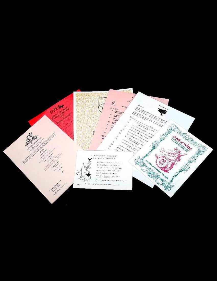 Bohemian Club Wine/Menus (7), 1970, 1980s.: An assortment of seven Bohemian Club wine lists and dinner event menus, all in very good condition (one with fold creases): 1.) Wine Committee Dinner, March 16, 1970, George A Selleck; one side; 10 1/