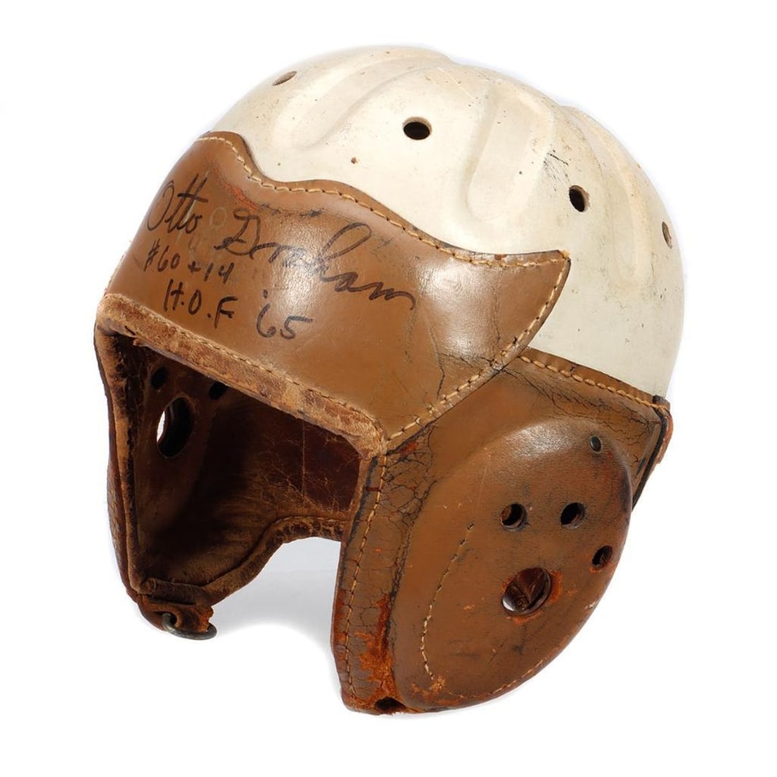 Browns Otto Graham signed old school Helmet with #60 + 14 HOF '65.: Browns Otto Graham signed old school Helmet with #60 + 14 HOF '65. Condition Report: All lots are sold as is and where is. Turner Auctions + Appraisals, LLC provides condition reports upon request to 