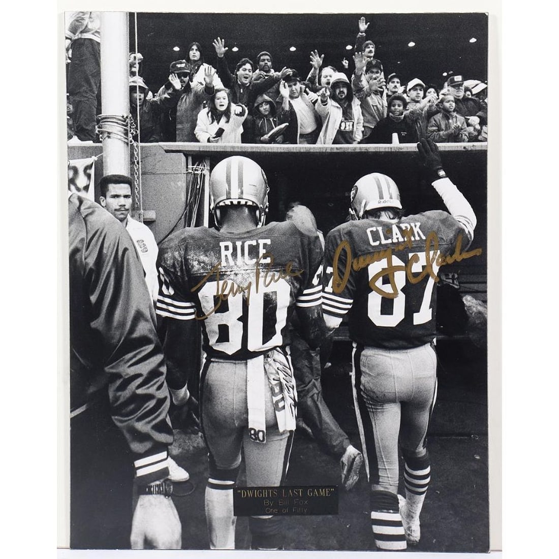 SF 49ers Dwight Clark's Last Game Mounted Photo, signed by Dwight Clark and Jerry Rice. (1 of 4)