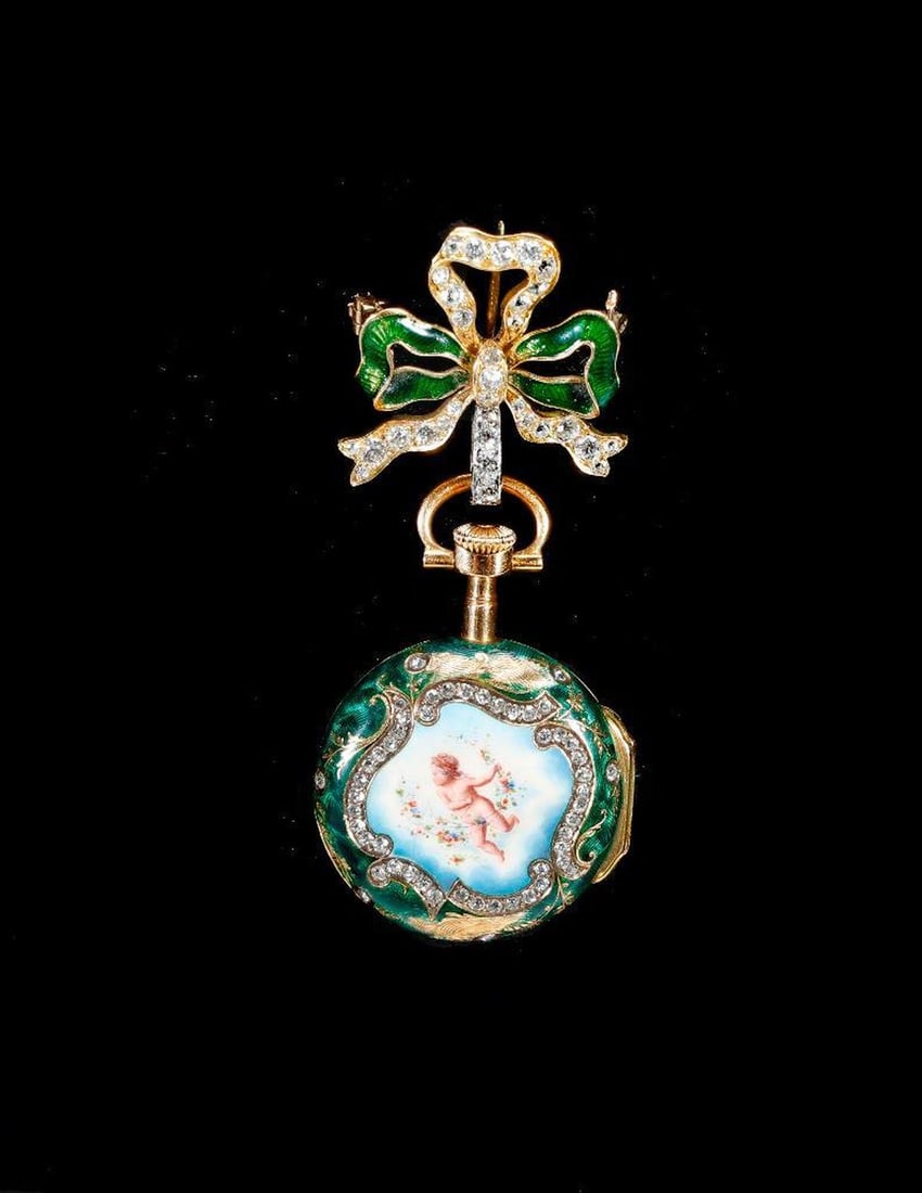 Tiffany & Co. diamond, enamel, 18k gold lapel watch (1 of 6)