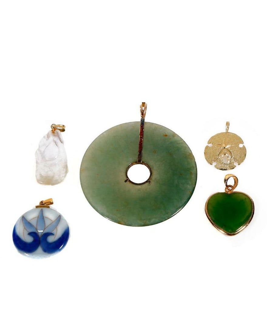 A group of 14k gold, jade and ceramic pendant (1 of 3)