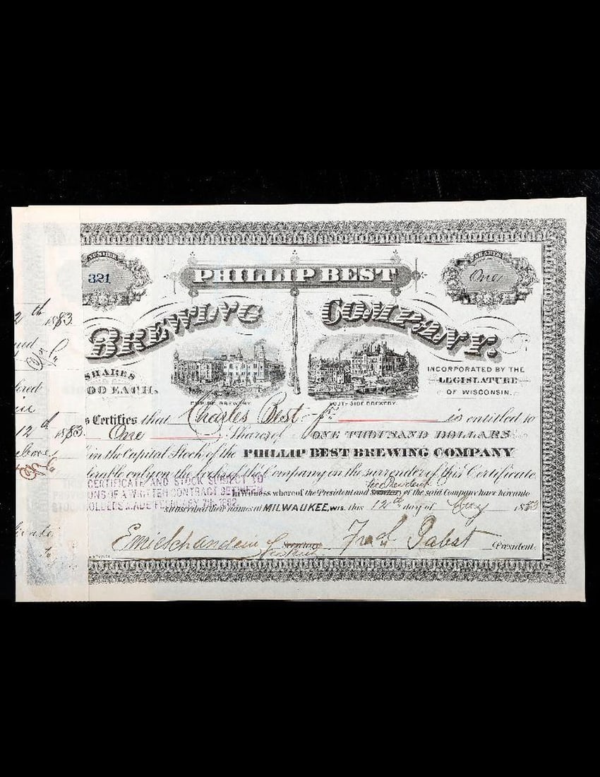 Brewery Stock Certificate Signed by Pabst, Schandein, and Best. (1 of 1)