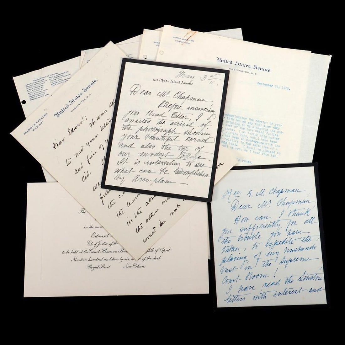 Edward D. White Memorial letters, 1924-1926.: [SUPREME COURT / SEGREGATION / U.S. SENATORS.] A correspondence collection of 10 ALS and TLS primarily related to the preparation and placement of the memorial bust for EDWARD DOUGLASS WHITE JR. (1845
