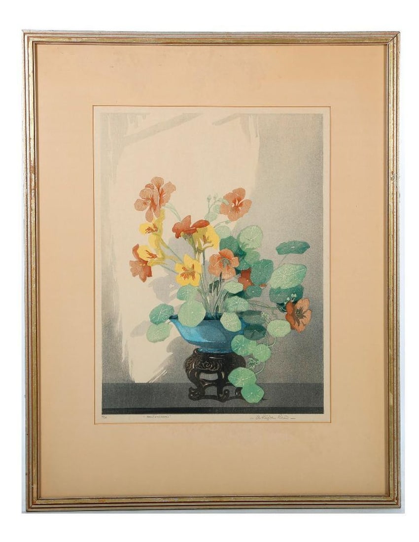 Arthur Rigdon Read (1879-1955): Artist:Arthur Rigdon Read (1879-1955). Title/Description: "Nasturtiums." Signature: Lower right. Numbered: 13/75. Medium: Woodblock print. Size: 21" x 15 1/4" (frame 22 1/4" x 17 1/2"). Condition good