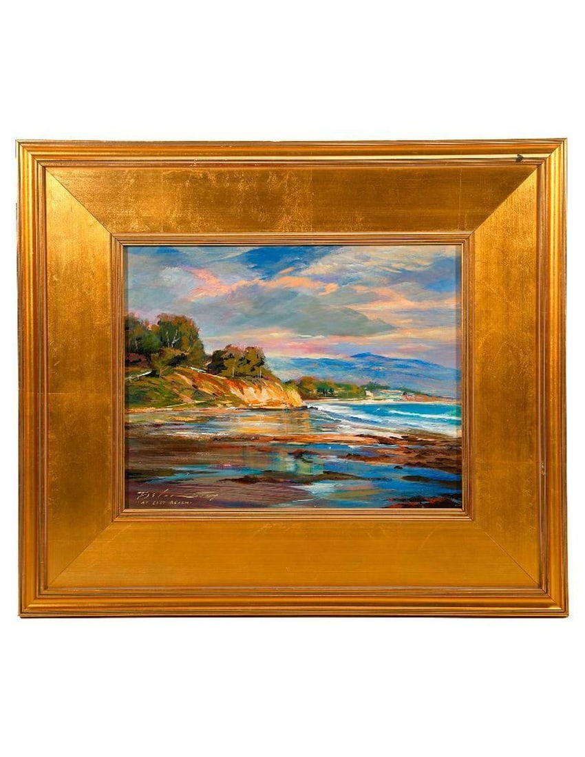 Rick J. Delanty (20th/21st Century): Artist:Rick J. Delanty (20th/21st Century). Title/Description: "At East Beach" (Santa Barbara). Signature: Signed l/l, and verso. Date: 2007. Medium: Acrylic on wood panel. Size: 11" x 14"; 18 3/4" x 