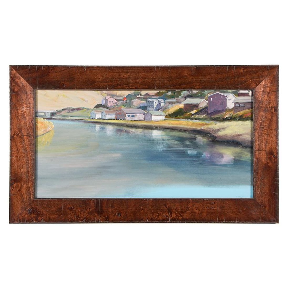 C. Beck (20th Century): Artist: C. Beck (20th Century). Title: California riverside scene with buildings. Signature: lower right. Medium: Oil on canvas. Size: Artwork: 12 x 23 1/2 inches. Frame: 17 x 29 inches. Condition: Go