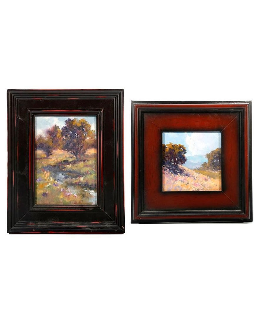 Alice Weil (20th/21st Century): Artist:Alice Weil (20th/21st Century). Title/Description: "Summer Afternoon (#48)"; and "Spring Meadow (#49)" (2 California Bay Area landscapes). Signature: Both signed verso. Medium: Oil on panels. S