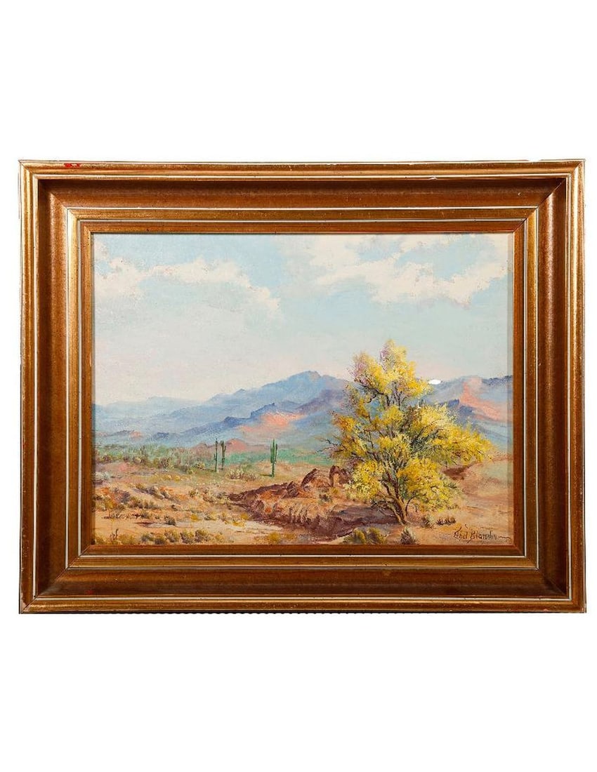 Ethel Irene (Haworth) Blandin (1887-1969): Artist:Ethel Irene (Haworth) Blandin (1887-1969). Title/Description: High desert landscape. Signature: lower right. Date: not given. Medium: Oil on masonite. Size: 12 1/4" x 16 1/4" (frame 16 1/2" x 2