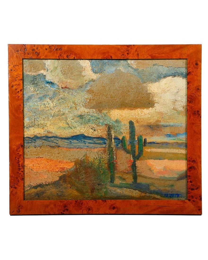 A Desert Landscape (20th Century): Artist: Unidentified (20th Century). Title/Description: "Saguaro Cumulus." Signature: Signed l/r and verso(M. Tof...?). Date: 1999. Medium: Oil on masonite. Size: 12" x 14"; 14" x 16" (frame). Conditi