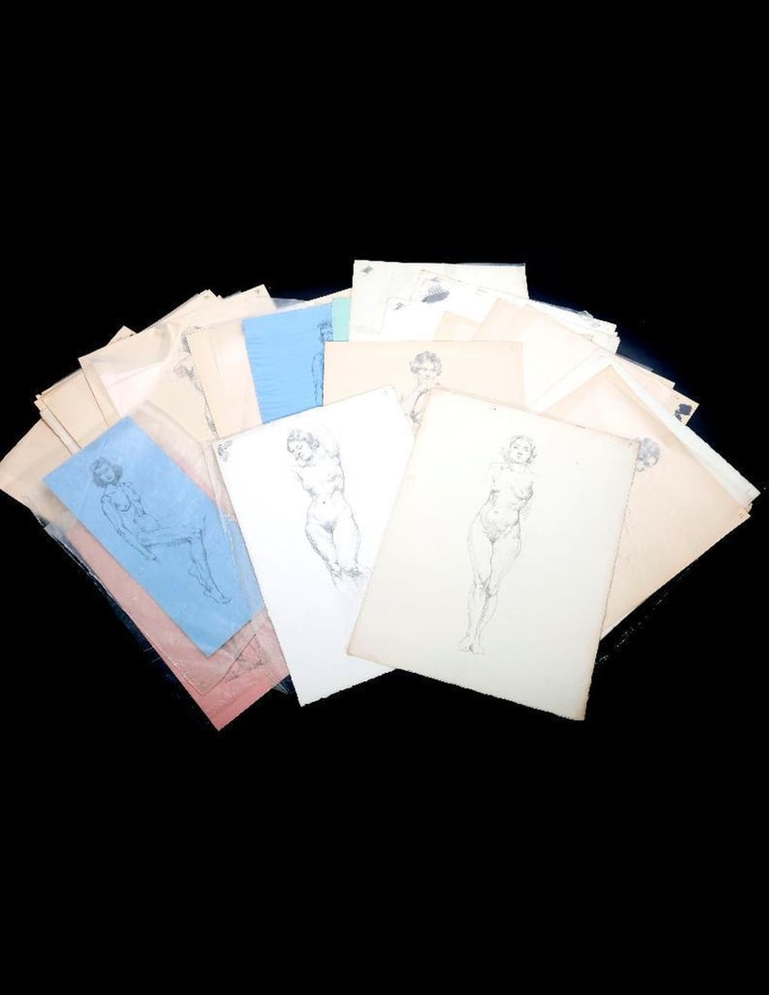 Group of Female Nude Studies, c. 1930s-1940s: Artist: Attributed to Jacques Maroger (1884-1962). Title/Description: Unsigned female nude studies, a numbered group (approx. 35 works). Date: Circa 1930s-1940s. Medium: Pencil on paper. Size: Most 13