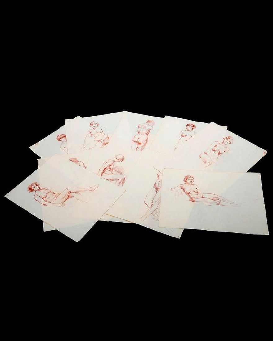 Group of Female Nude Studies, c. 1920s-1930s: Artist: Attributed to Jacques Maroger (1884-1962). Title/Description: Unsigned female nude studies (approx. 30 works). Date: Circa 1920s-1930s. Medium: Crayon on paper. Size: One 15" x 11", all others