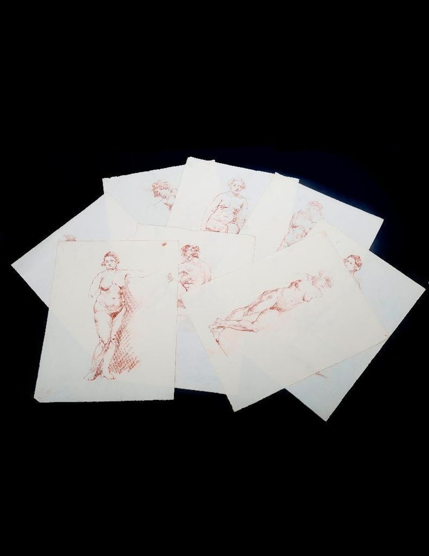 Group of Female Nude Studies, c. 1920s-1930s: Artist: Attributed to Jacques Maroger (1884-1962). Title/Description: Unsigned female nude studies (approx. 30 works). Date: Circa 1920s-1930s. Medium: Crayon on paper. Size: One 15" x 11", all others