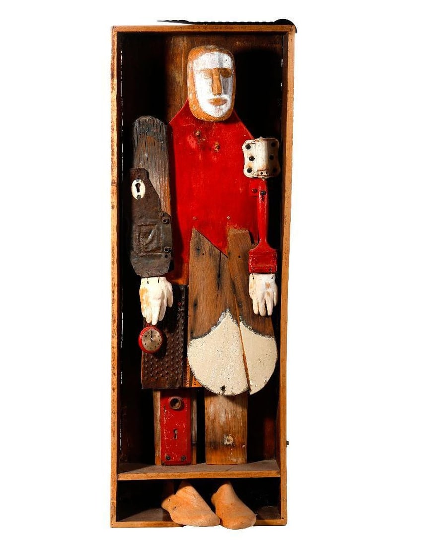 Theresa Robinson (20th/21st Century): Artist:Theresa Robinson (20th/21st Century). Title/Description: "A Day in the Life of the Artist." Signature: Signed verso. Date: 1986. Medium: Mixed-media sculpture. Size: 36" x 13" x 9". Condition g