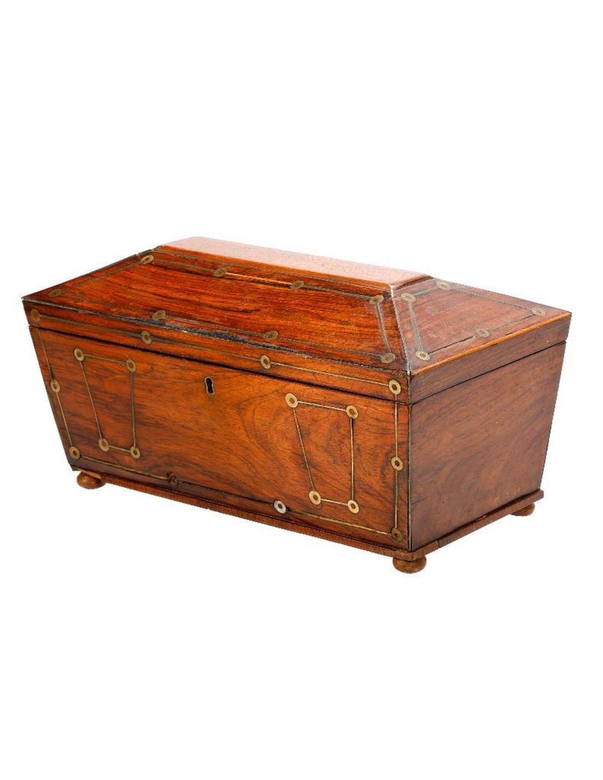 Large Brass-Inlaid Tea Caddy, English, 19th Century (1 of 5)