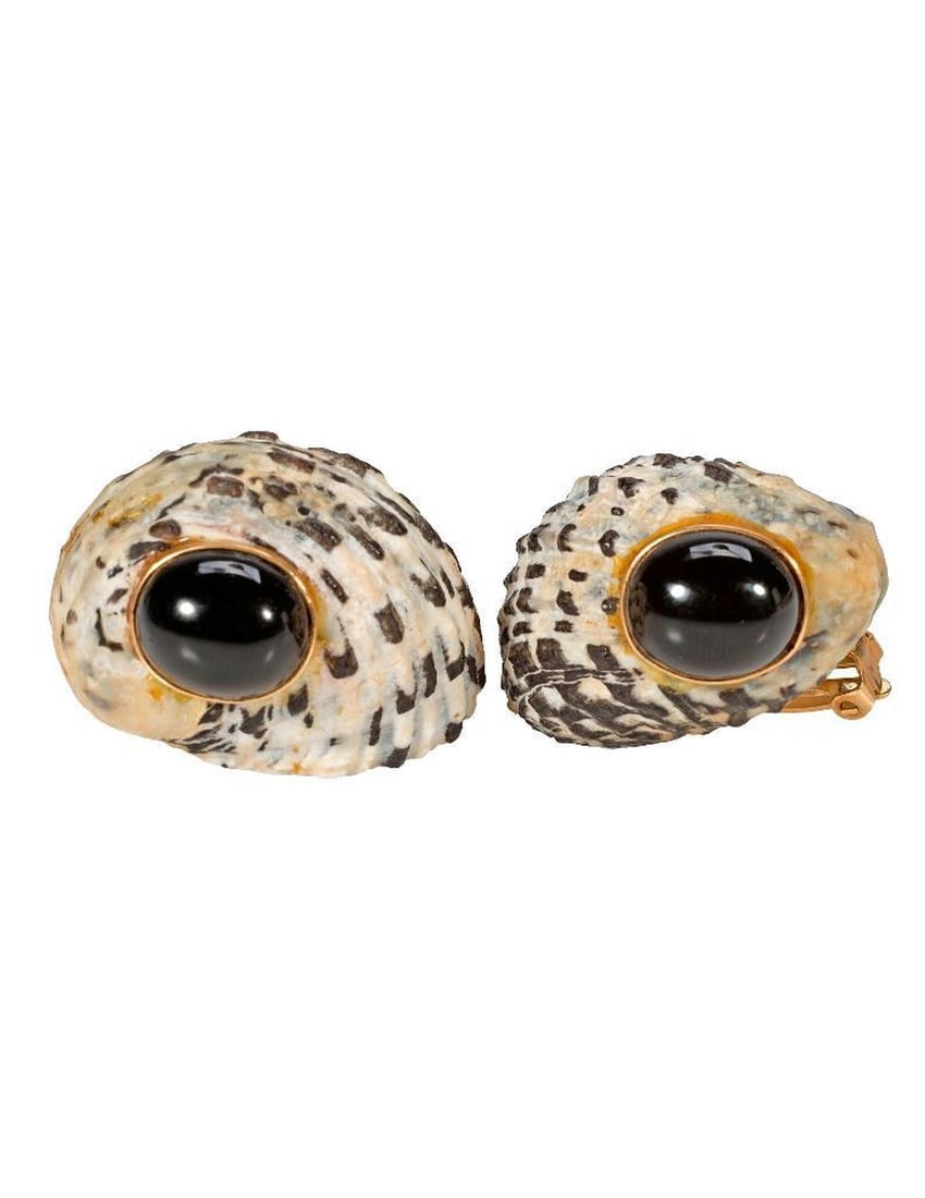 A pair of onyx, shell and 14k gold clip earrings: gross weight approximately 22.4 grams; length: 1 1/2 in.