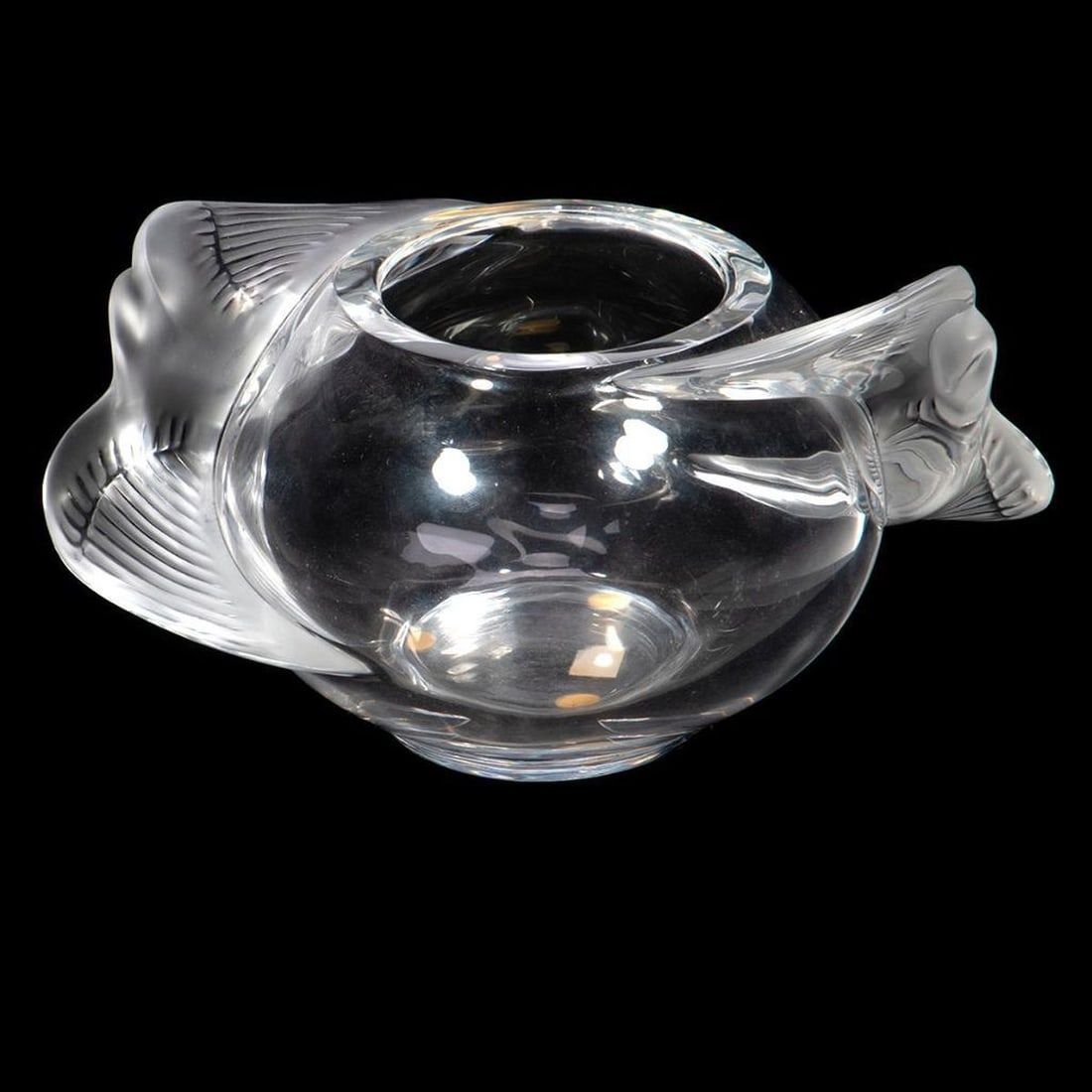 Lalique Adelaide Dove Bowl: The low round bowl with a pair of doves as handles. Lalique France etched on base. 4in. (10cm) h. 8in. (20cm) d. Condition good.