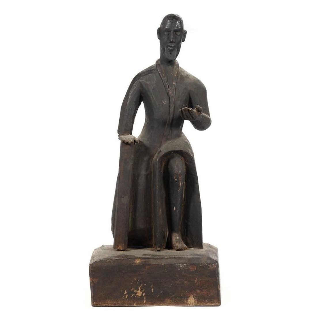 Carved Wood Figure of Saint Francis: 20th Century. The figure in robes, kneeling. 19in. H. Some cracks in wood.