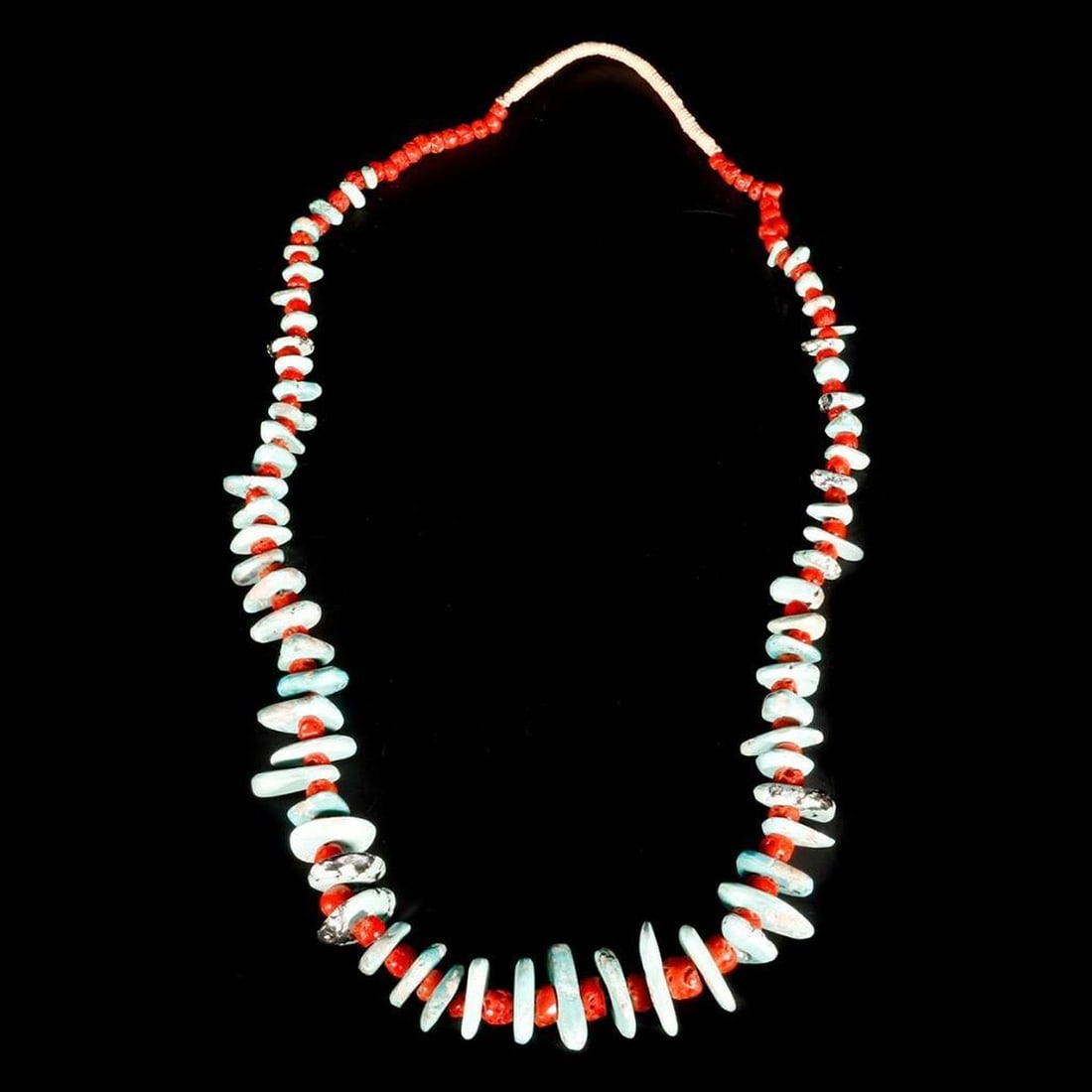 Old Pawn Navajo Turquoise/Coral Necklace: A Southwest Old Pawn turquoise and coral Navajo Heishi necklace. Necklace size approximate: 16 inches. Good condition.