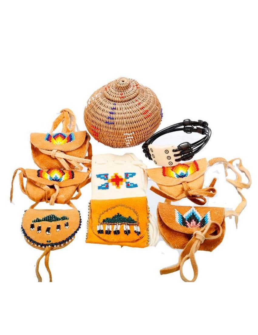 Collection of Beaded Pouches, with a Basket (1 of 3)