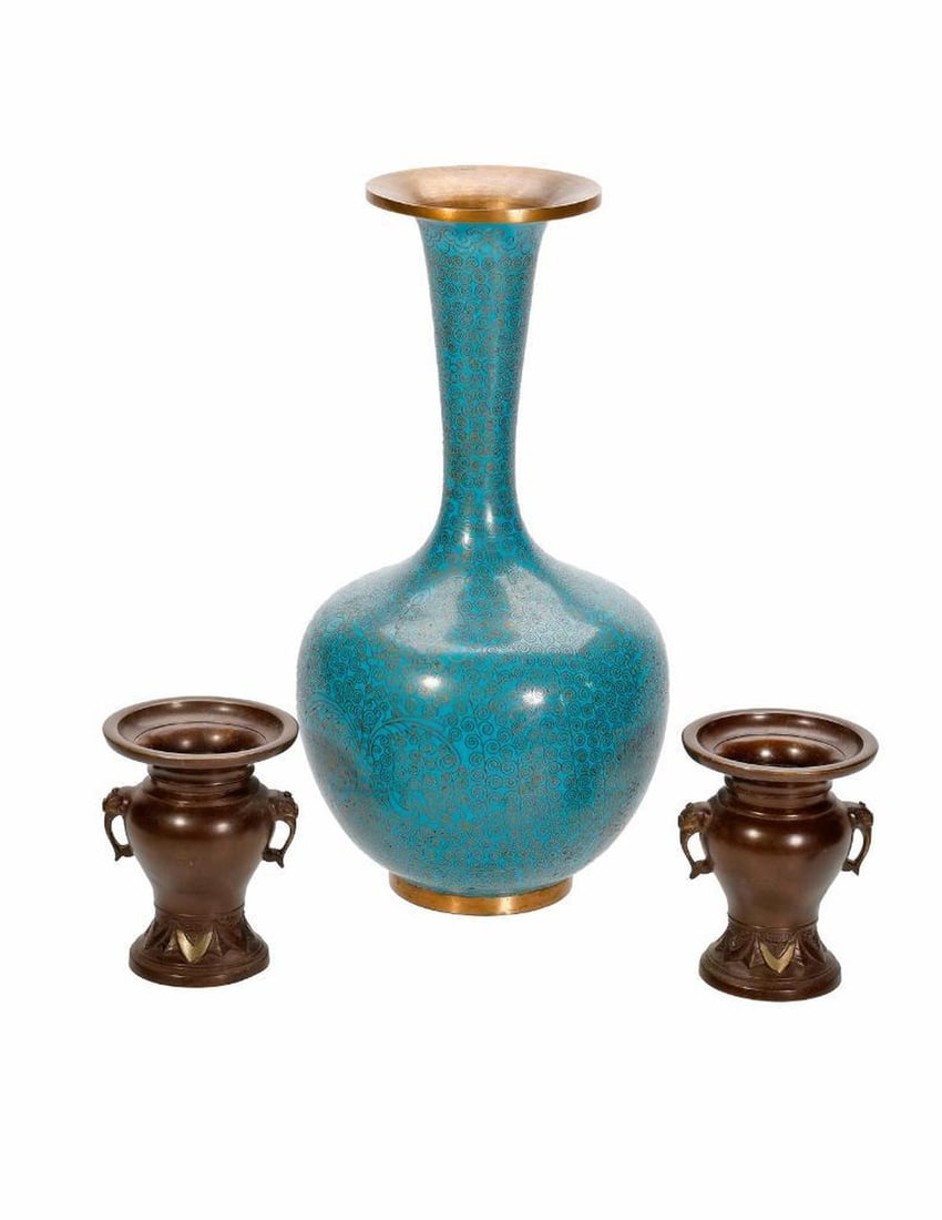 Chinese Cloisonne Vase and Pair of Bronze Censers (1 of 4)