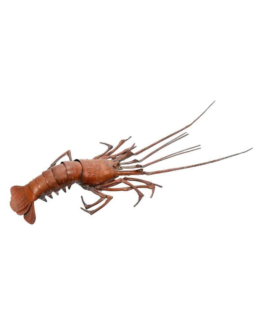 Japanese Articulated Copper Spiny Lobster: A Japanese articulated lobster figure, signed on the underside. Total length approx. 10" (body approx. 5"). Condition overall good, all legs intact.