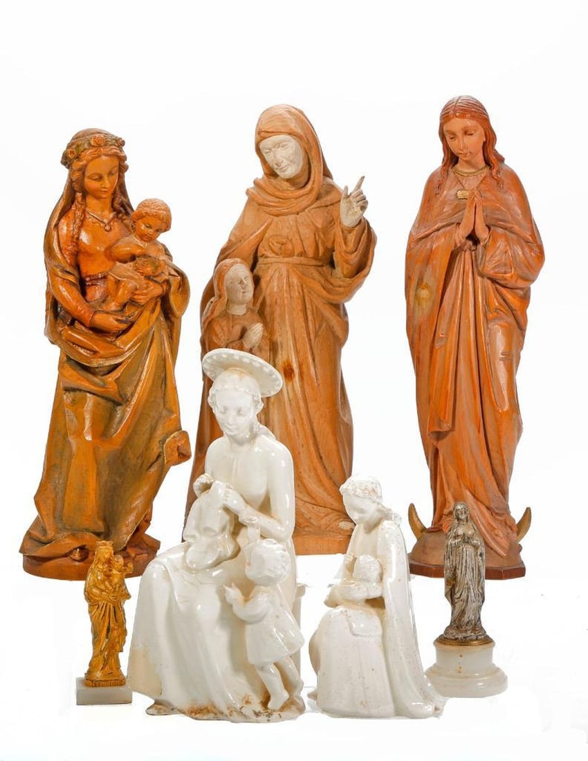 Group of European Mary and St. Anne Figures (7): Three 20th century carved wood�figures depicting St. Anne, the Virgin, and Madonna (one labeled Italy), the tallest approx. 10 1/4". Together with�two marble-mounted metal figurines of t