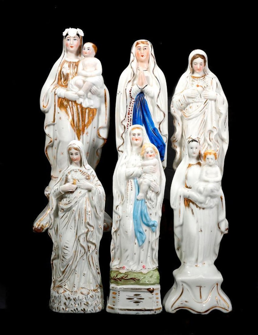 Collection of Gilt Porcelain Mary Figurines (6): Including one "ND de Lourdes," three with child, two with Sacred Hearts; all unmarked. Ranging from 7 1/8in. to 9in. high. Condition: Two with chipped or missing flower on head; wear to gilt; small ch