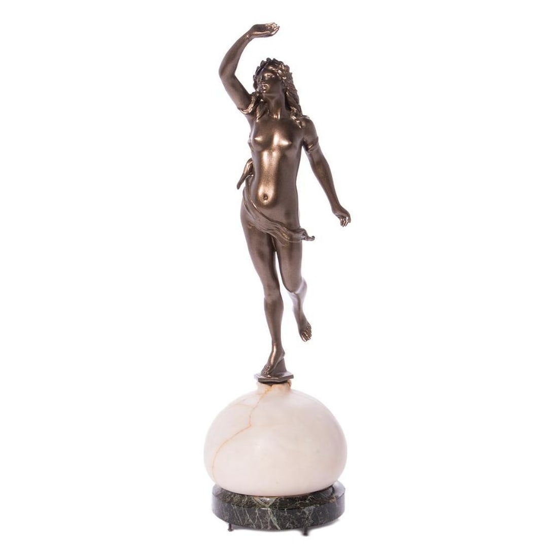 Bronze Figure of a Grace, Late 19th/Early Century: The Beaux Arts figure of a Grace on a round marble base. 21 inches high x 6 diameter. Condition: One hand repaired.