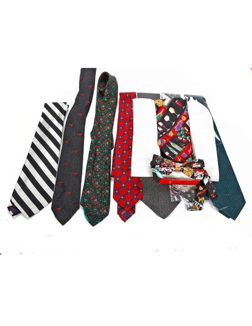 Group of Vintage Ties, Gucci, Hermes, Christian Dior, Misc.: Four silk ties: 1 Gucci, 1 Hermes, 2 Christian Dior. Together with five assorted others, including a silk wine theme bow tie, and a silk Robert Talbot wine theme necktie in original box. All in good c