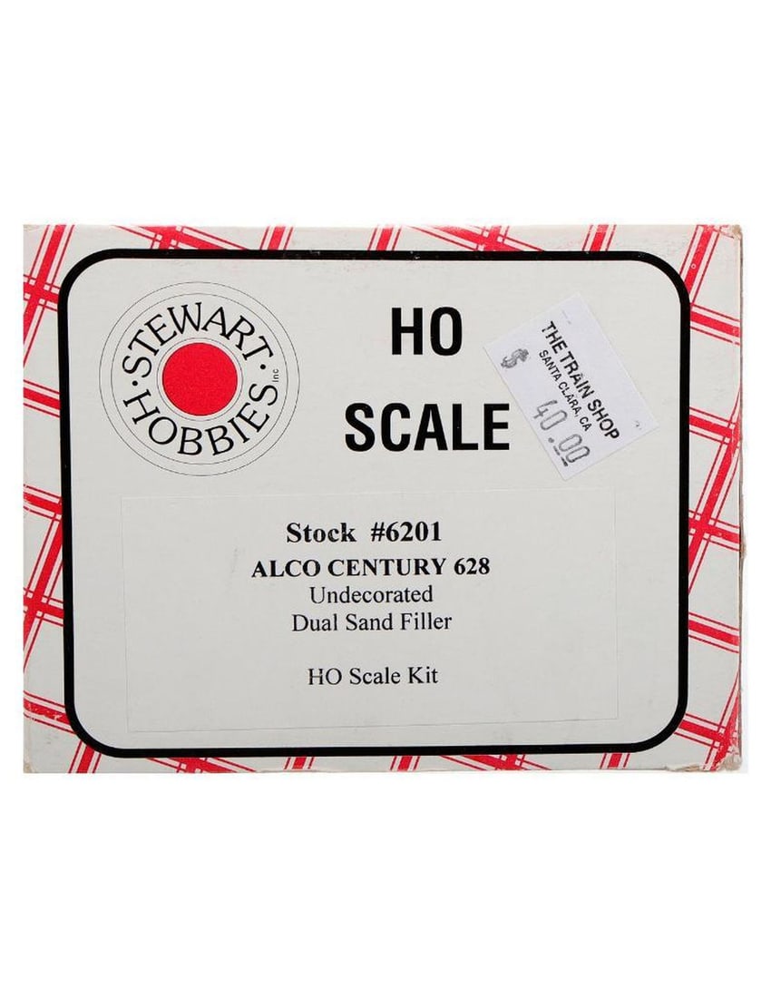Stewart Hobbies HO Scale #6201 Alco Century 628 Kit: Stewart Hobbies HO Scale box for Alco Century 628 Undecorated Dual Sand Filler kit. But contains Southern Pacific 3128 Locomotive in "bloody nose" paint scheme. Also a plastic under frame and cab unpa