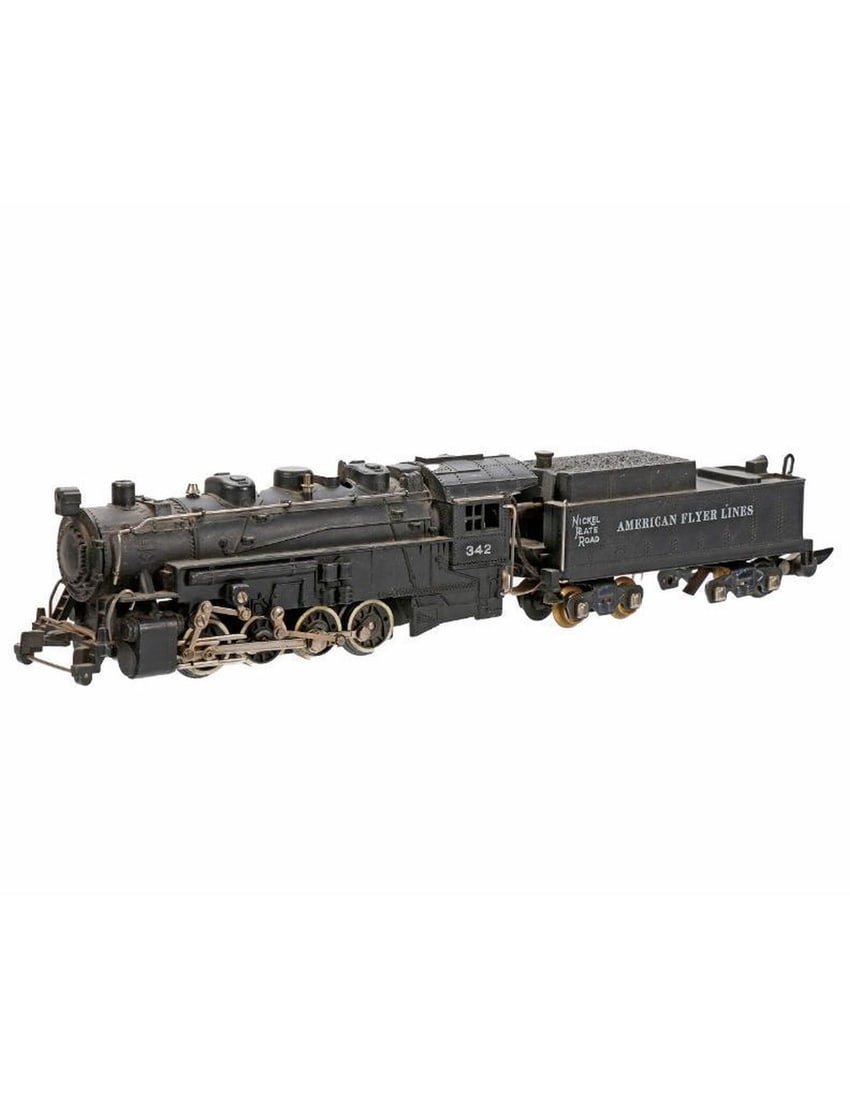 American Flyer S gauge 342 smoke in tender locomotive: 1 342 0-8-0 locomotive-smoke in tender - 1 missing wheelset in tender-cardboard wrap added