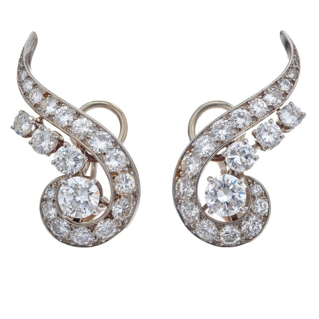 A pair of diamond, platinum and 18k white gold ear clips, French