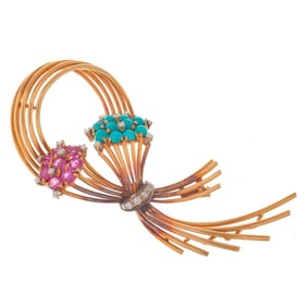 A ruby, turquoise, diamond and 18k gold brooch