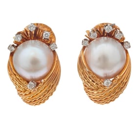 A pair of mabe cultured pearl, diamond & 14k gold ear clips