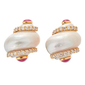 Seaman Schepps, A pair of turbo shell, diamond, ruby ear clips
