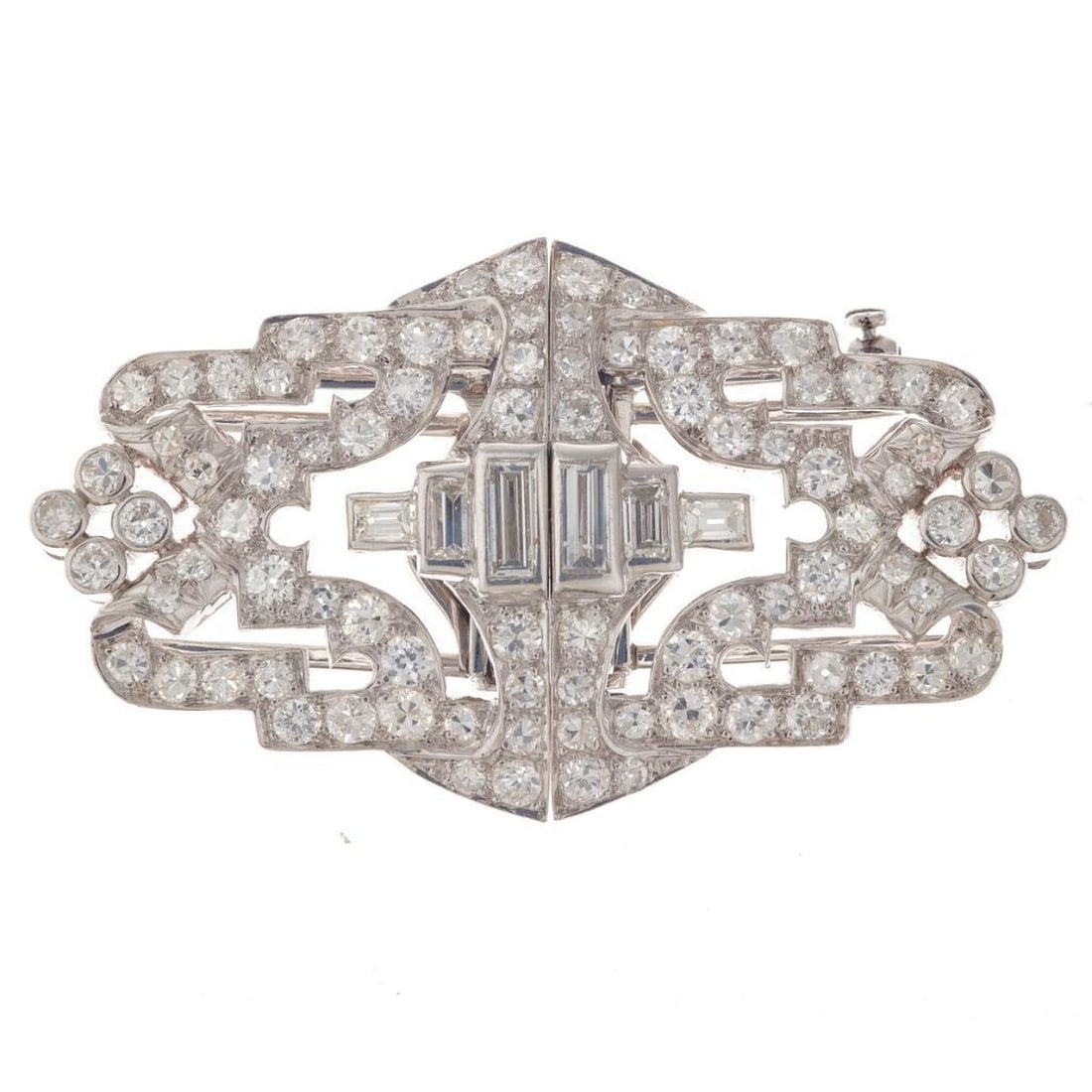 An art deco diamond and platinum double clip-brooch (1 of 2)