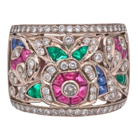 A diamond, gem-set and 18k white gold tutti frutti ring