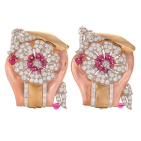 A pair of retro diamond and ruby clip-brooches
